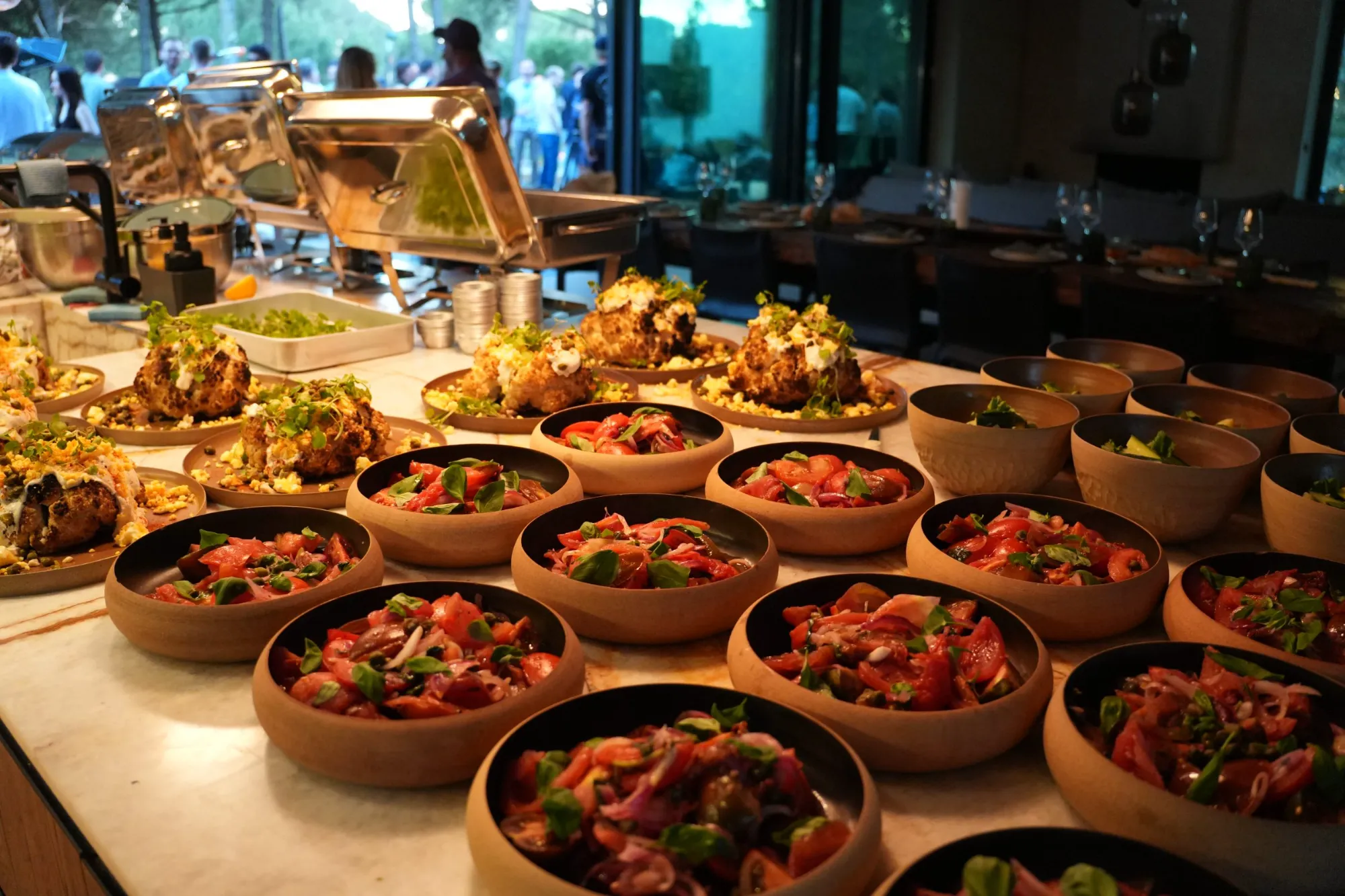 Plated dishes ready to serve at a team dinner