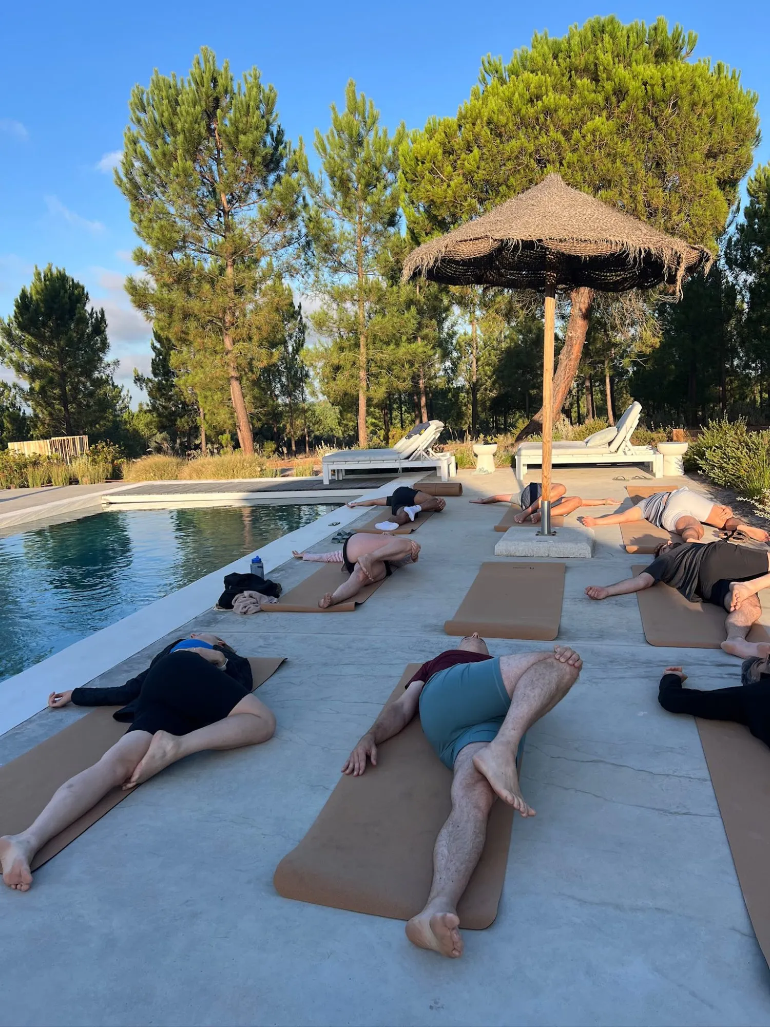 A team stretching on yoga mats beside the pool